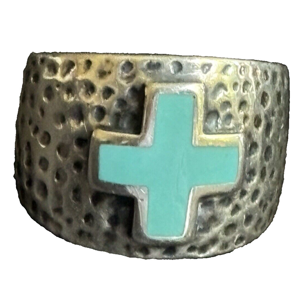 Vintage Turquoise Cross Inlay Sterling Silver Cross Size 8.5 Hammered Textured